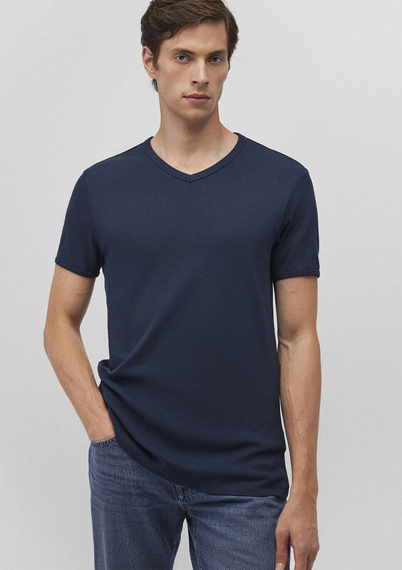 V YAKA TİŞÖRT Erkek Koyu Mavi T-Shirt - M063748