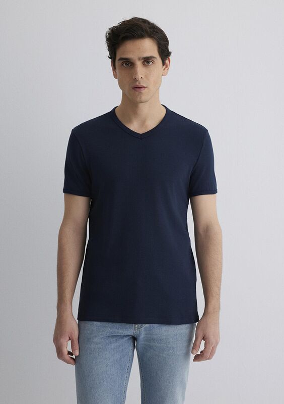V YAKA TİŞÖRT Erkek Koyu Mavi T-Shirt - M063748