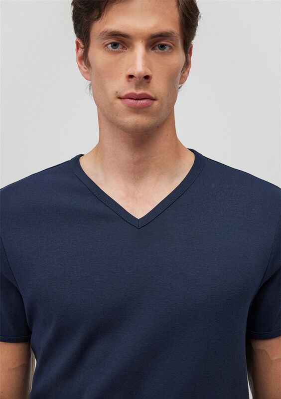 V YAKA TİŞÖRT Erkek Koyu Mavi T-Shirt - M063748