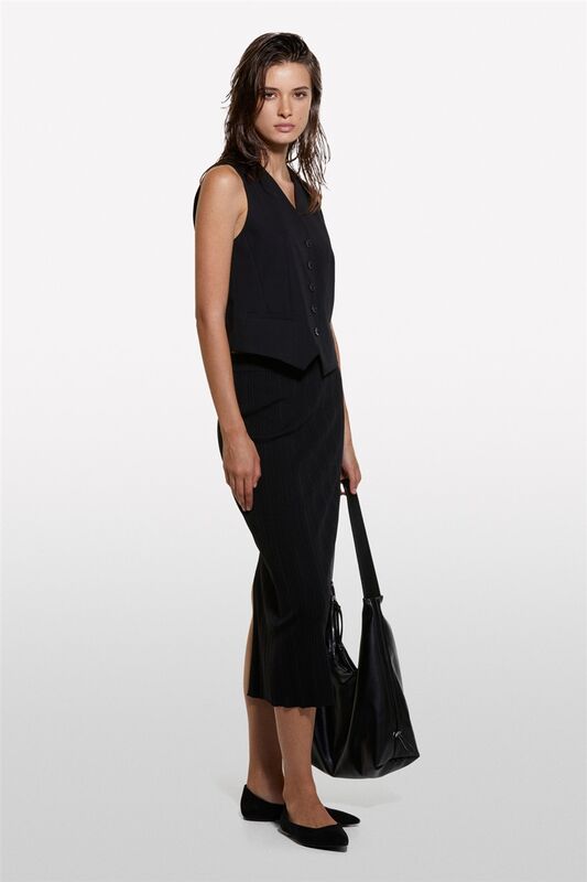 Viskoz Karışımlı Arkası Derin Yırtmaçlı Fitilli Kalem Etek Kadın Siyah Etek - 324A1WTHM000C