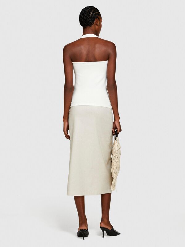 Viskoz Karışımlı Boyundan Geçmeli Dikişsiz Sıfır Kol Üst Kadın Kırık Beyaz Bluz - 324P1ZNJMH00B