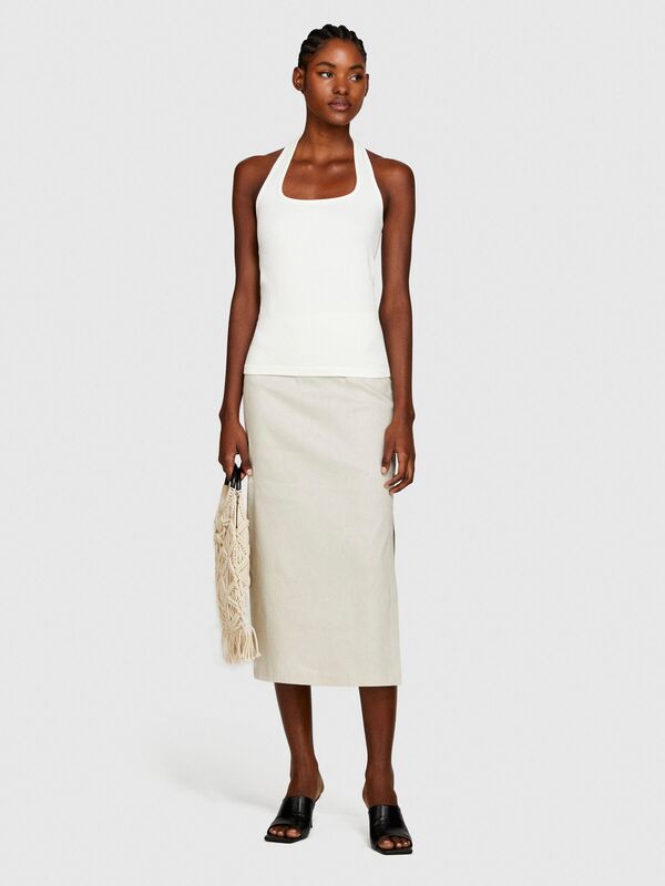 Viskoz Karışımlı Boyundan Geçmeli Dikişsiz Sıfır Kol Üst Kadın Kırık Beyaz Bluz - 324P1ZNJMH00B