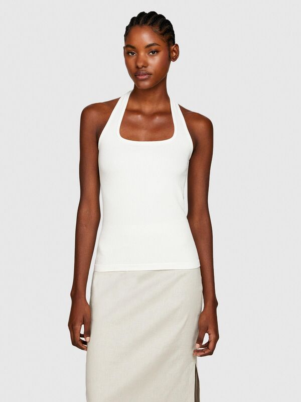 Viskoz Karışımlı Boyundan Geçmeli Dikişsiz Sıfır Kol Üst Kadın Kırık Beyaz Bluz - 324P1ZNJMH00B