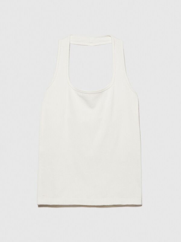 Viskoz Karışımlı Boyundan Geçmeli Dikişsiz Sıfır Kol Üst Kadın Kırık Beyaz Bluz - 324P1ZNJMH00B