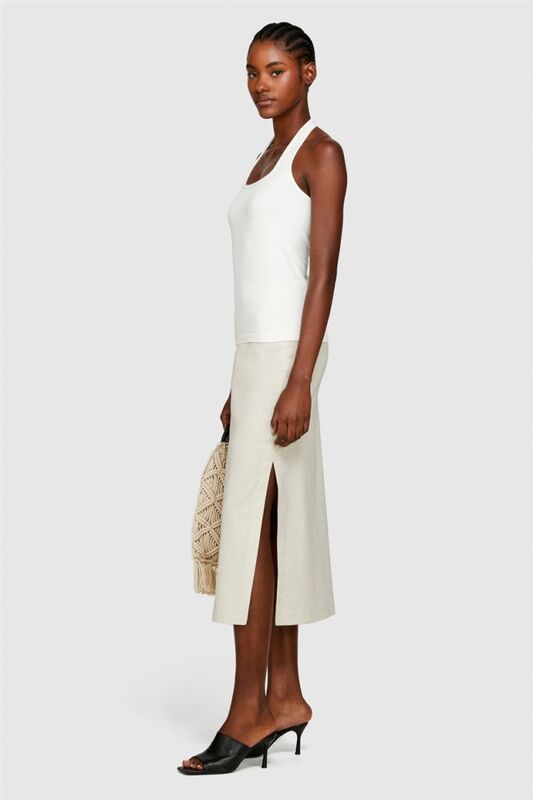 Viskoz Karışımlı Boyundan Geçmeli Dikişsiz Sıfır Kol Üst Kadın Kırık Beyaz Bluz - 324P1ZNJMH00B