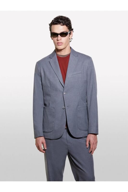 Viskoz Karışımlı Cepli İki Düğmeli Sivri Yaka Ceket Erkek Mavi Ceket - 324A270USW023