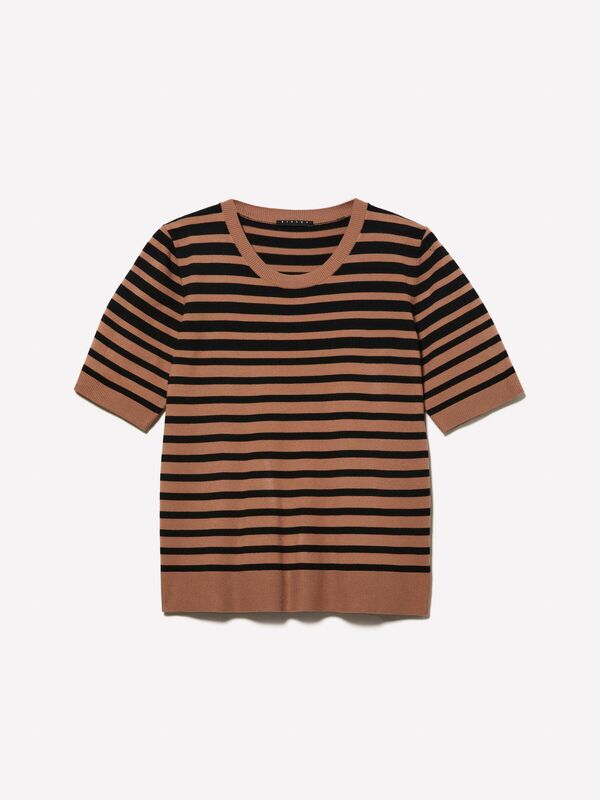 Viskoz Karışımlı Çizgili Bisiklet Yaka Kısa Kollu Kazak Kadın Bej Mix Kazak - 324A17Q3M1052