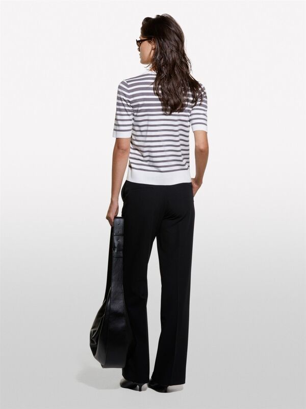 Sisley - Viskoz Karışımlı Çizgili Bisiklet Yaka Kısa Kollu Kazak Kadın Haki Mix Kazak - 324A17Q3M1052