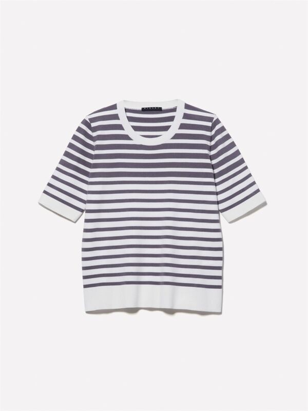 Viskoz Karışımlı Çizgili Bisiklet Yaka Kısa Kollu Kazak Kadın Haki Mix Kazak - 324A17Q3M1052