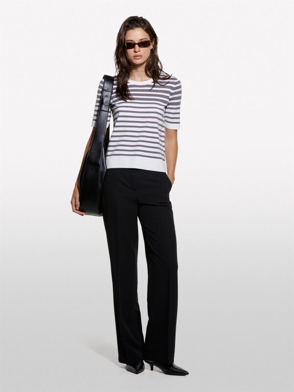 Viskoz Karışımlı Çizgili Bisiklet Yaka Kısa Kollu Kazak Kadın Haki Mix Kazak - 324A17Q3M1052