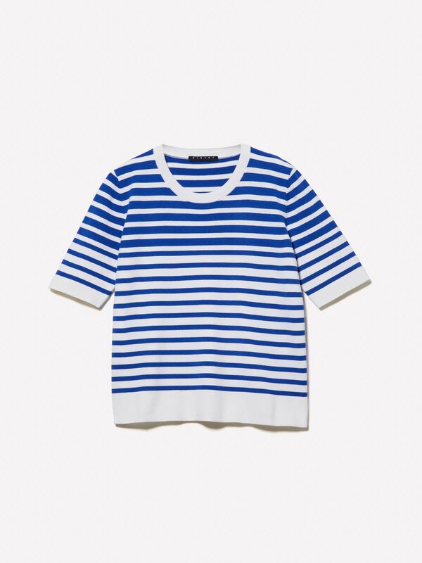 Sisley - Viskoz Karışımlı Çizgili Bisiklet Yaka Kısa Kollu Kazak Kadın Siyah Mix Kazak - 324A17Q3M1052