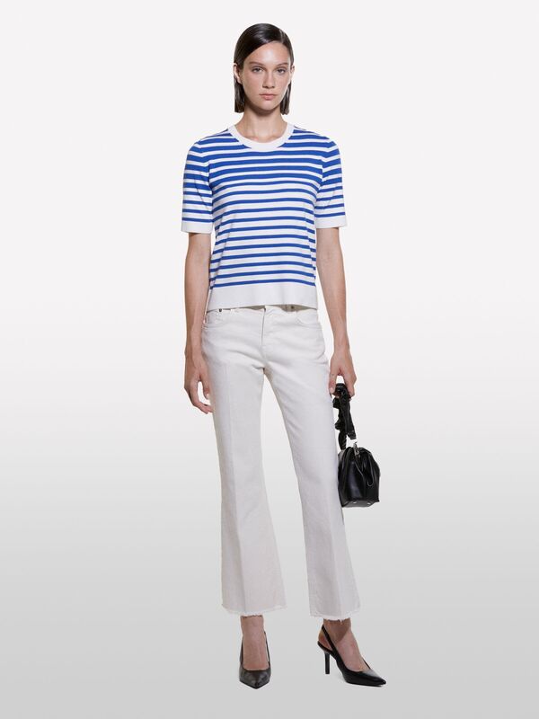 Viskoz Karışımlı Çizgili Bisiklet Yaka Kısa Kollu Kazak Kadın Siyah Mix Kazak - 324A17Q3M1052