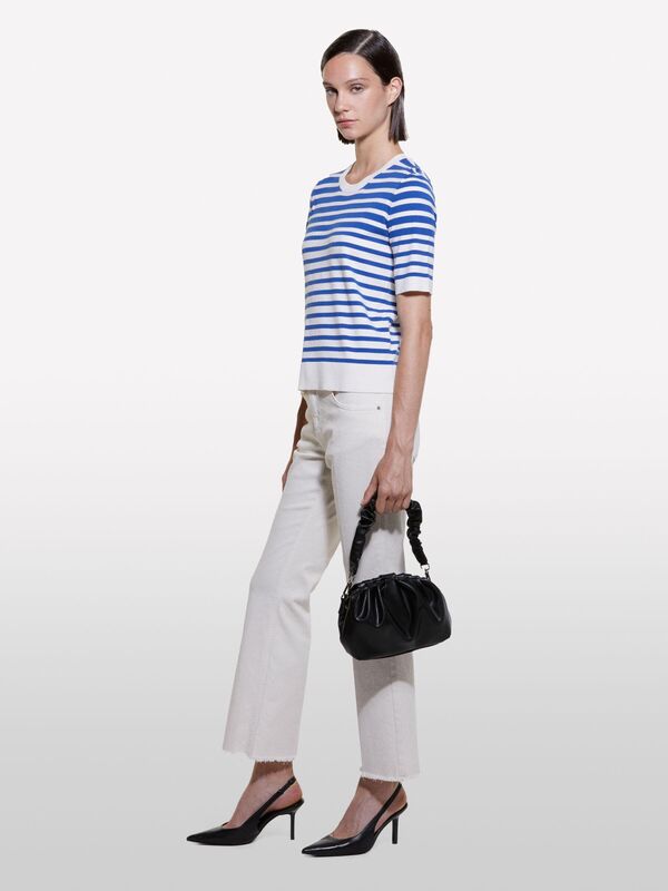 Viskoz Karışımlı Çizgili Bisiklet Yaka Kısa Kollu Kazak Kadın Siyah Mix Kazak - 324A17Q3M1052