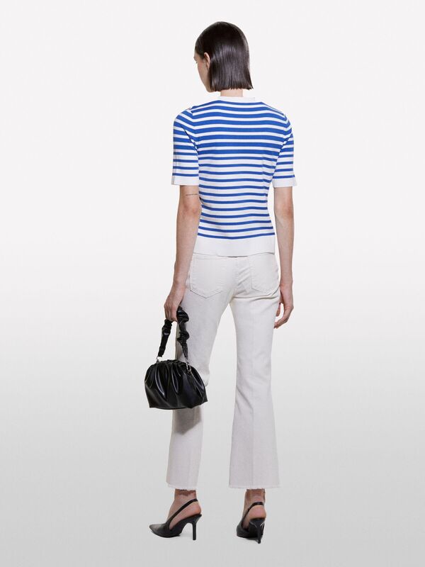 Viskoz Karışımlı Çizgili Bisiklet Yaka Kısa Kollu Kazak Kadın Siyah Mix Kazak - 324A17Q3M1052