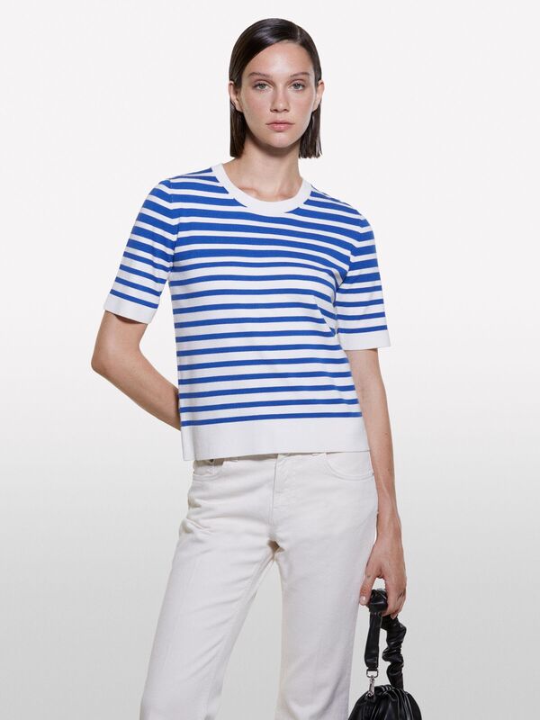 Viskoz Karışımlı Çizgili Bisiklet Yaka Kısa Kollu Kazak Kadın Siyah Mix Kazak - 324A17Q3M1052