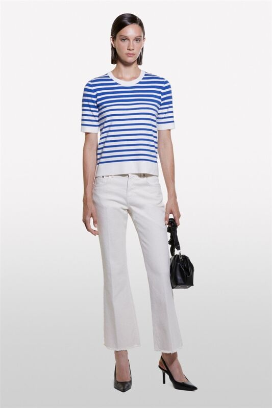 Viskoz Karışımlı Çizgili Bisiklet Yaka Kısa Kollu Kazak Kadın Siyah Mix Kazak - 324A17Q3M1052