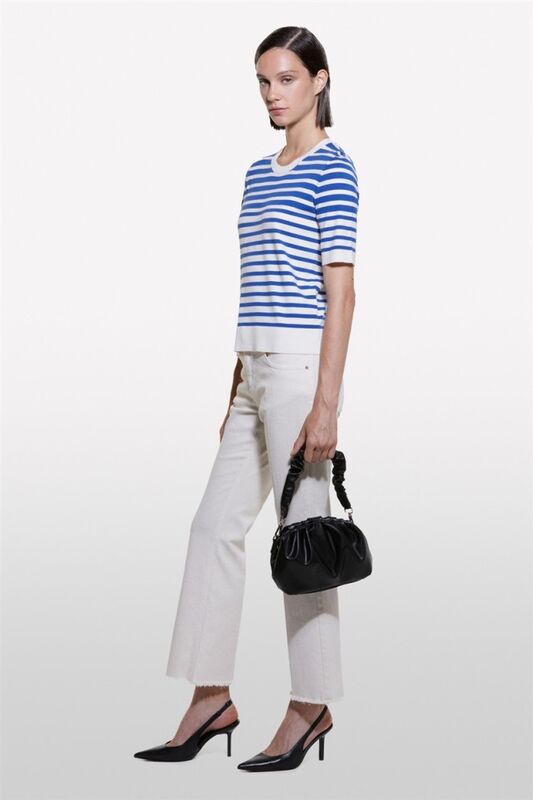 Viskoz Karışımlı Çizgili Bisiklet Yaka Kısa Kollu Kazak Kadın Siyah Mix Kazak - 324A17Q3M1052