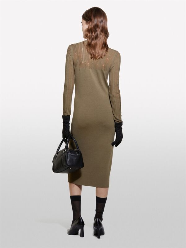 Sisley - Viskoz Karışımlı Dar Kesim Uzun Kollu Düz Örgü Elbise Kadın Haki Elbise - 324A1MNPMV00S