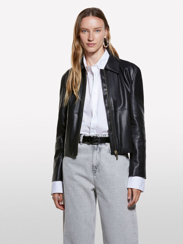 Sisley - Viskoz Karışımlı Deri Görünümlü Fermuarlı Regular Fit Ceket Kadın Siyah Ceket - 325A20BZLN05T