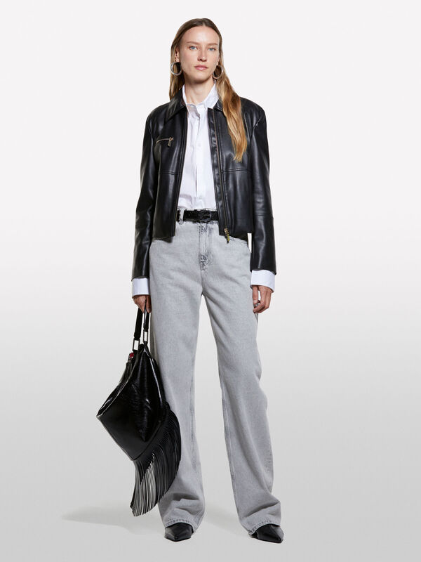 Viskoz Karışımlı Deri Görünümlü Fermuarlı Regular Fit Ceket Kadın Siyah Ceket - 325A20BZLN05T