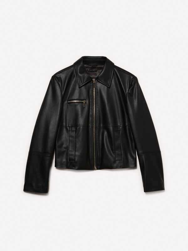 Viskoz Karışımlı Deri Görünümlü Fermuarlı Regular Fit Ceket Kadın Siyah Ceket - 325A20BZLN05T