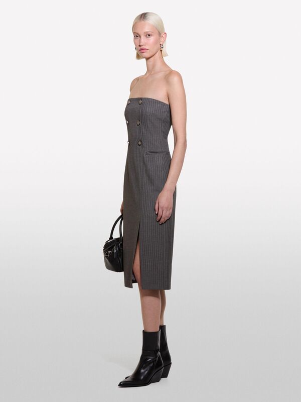 Viskoz Karışımlı Düğme Detaylı Önü Yırtmaçlı Straplez Elbise Kadın Haki Mix Elbise - 324A4OPDLV06L