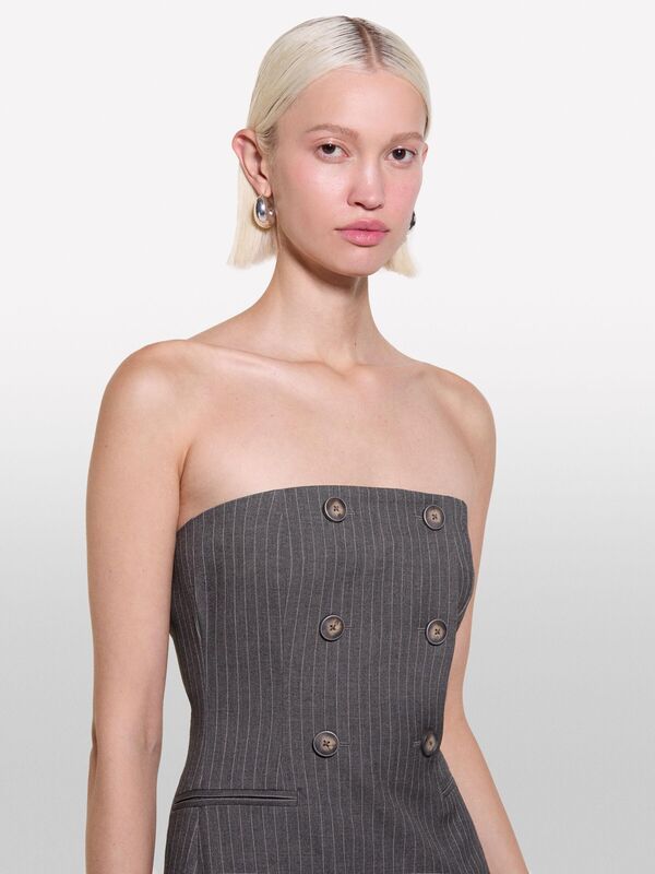 Viskoz Karışımlı Düğme Detaylı Önü Yırtmaçlı Straplez Elbise Kadın Haki Mix Elbise - 324A4OPDLV06L