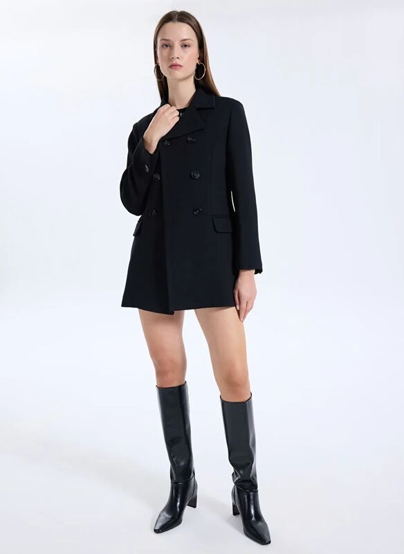 Viskoz Karışımlı Düğmeli Kruvaze Slim Fit Kaban Kadın Siyah Kaban - 325A2OUALN05Z