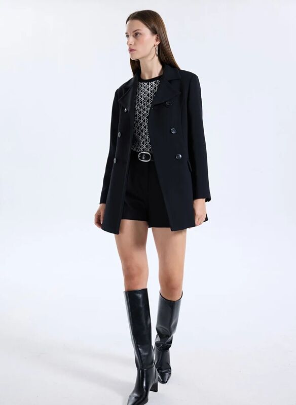 Viskoz Karışımlı Düğmeli Kruvaze Slim Fit Kaban Kadın Siyah Kaban - 325A2OUALN05Z