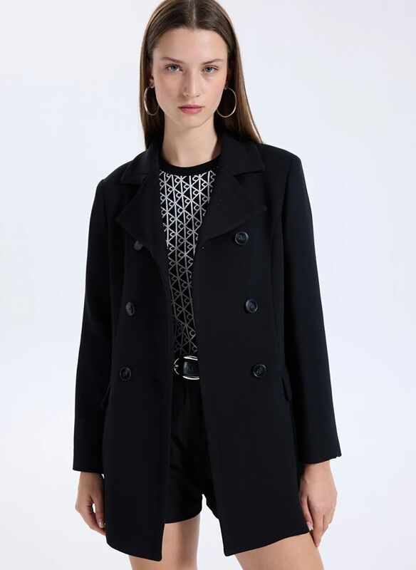 Sisley - Viskoz Karışımlı Düğmeli Kruvaze Slim Fit Kaban Kadın Siyah Kaban - 325A2OUALN05Z