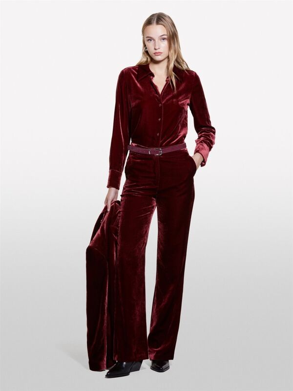 Viskoz Karışımlı Normal Kesim Uzun Kollu Kadife Gömlek Kadın Kırmızı Gömlek - 324A51EULQ07Y