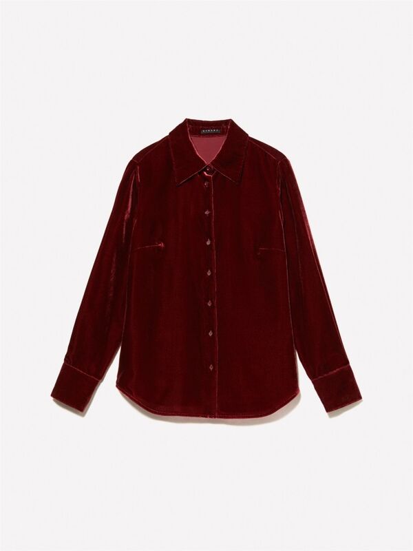 Viskoz Karışımlı Normal Kesim Uzun Kollu Kadife Gömlek Kadın Kırmızı Gömlek - 324A51EULQ07Y