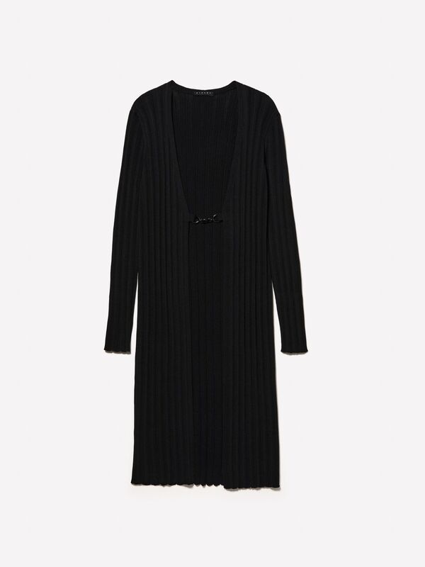 Viskoz Karışımlı Önü Metal Kopça Kapamalı Uzun Hırka Kadın Siyah Hırka - 324A1WTHM6021