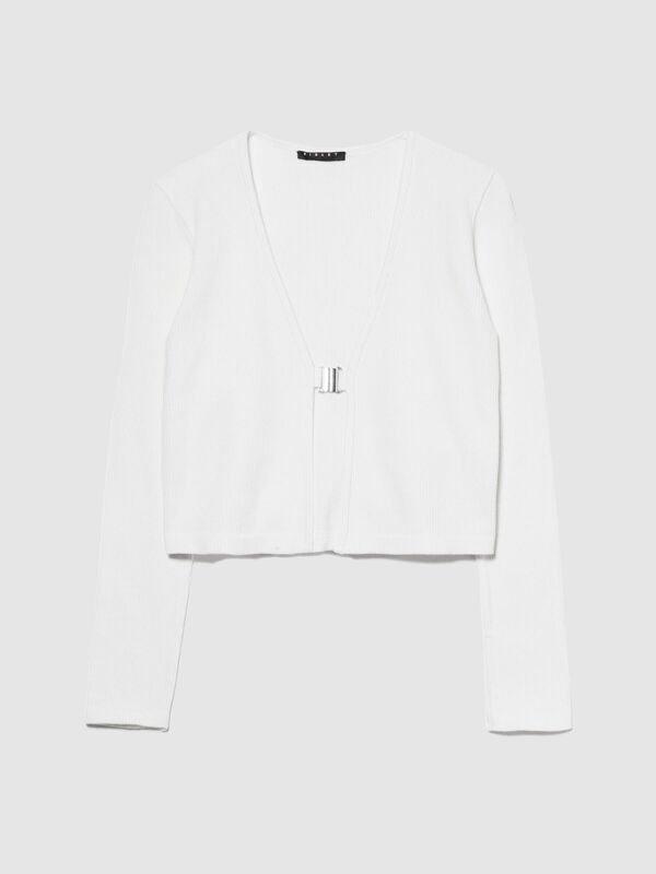 Viskoz Karışımlı Önü Metal Tokalı Geniş V Yaka Hırka Kadın Kırık Beyaz Hırka - 324P1ZNJM601V