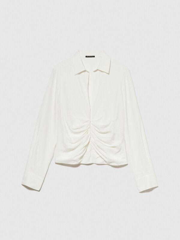 Viskoz Karışımlı Önü Pileli Derin Yaka Bluz Kadın Mavi Bluz - 324P55EBLQ066