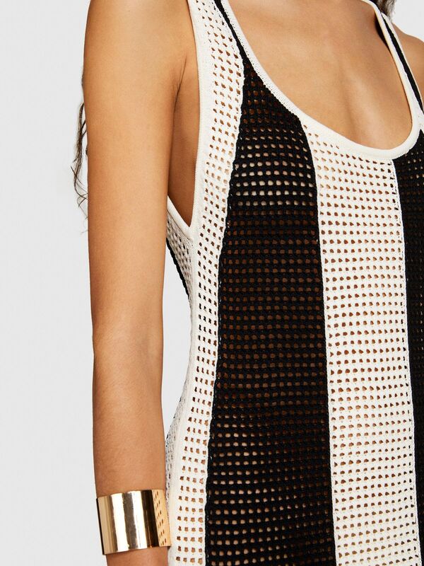 Viskoz Karışımlı Örgü Motifli Eteği Saçaklı Mini Elbise Kadın Haki Mix Elbise - 324P196PMV00P