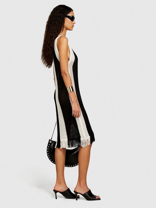 Viskoz Karışımlı Örgü Motifli Eteği Saçaklı Mini Elbise Kadın Haki Mix Elbise - 324P196PMV00P