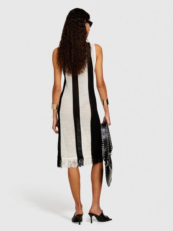 Viskoz Karışımlı Örgü Motifli Eteği Saçaklı Mini Elbise Kadın Haki Mix Elbise - 324P196PMV00P