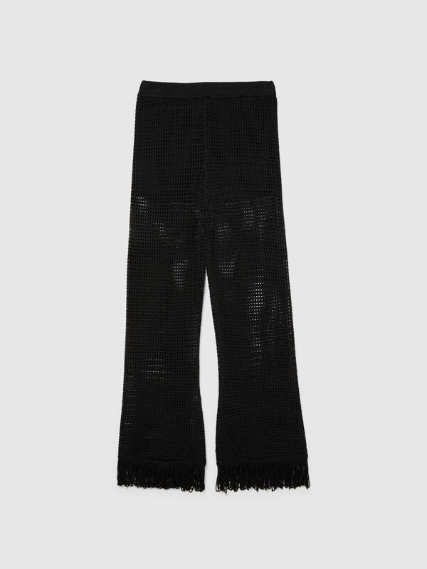 Viskoz Karışımlı Örgü Motifli Saçak Paça Coulotte Pantolon Kadın Siyah Pantolon - 324P196PMF008