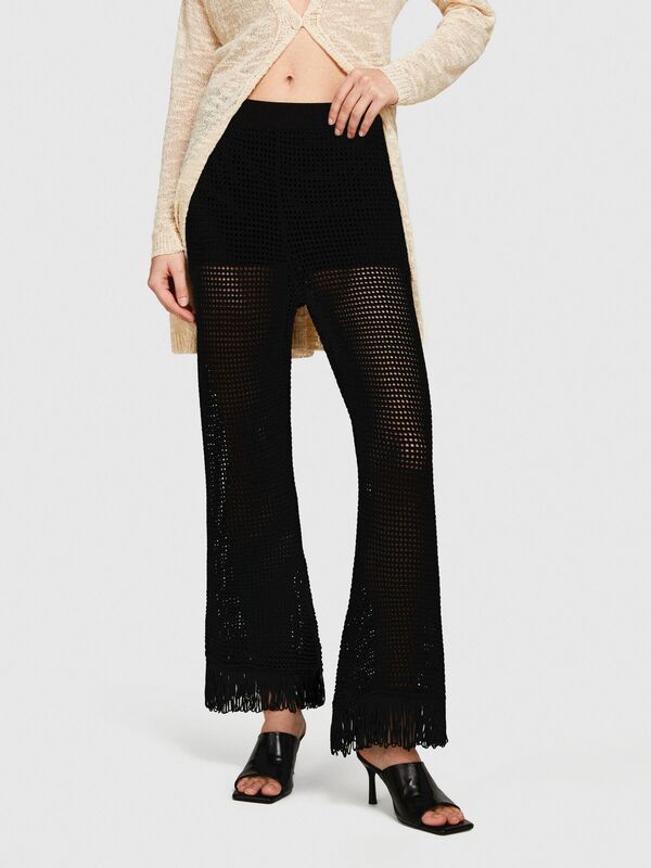 Viskoz Karışımlı Örgü Motifli Saçak Paça Coulotte Pantolon Kadın Siyah Pantolon - 324P196PMF008