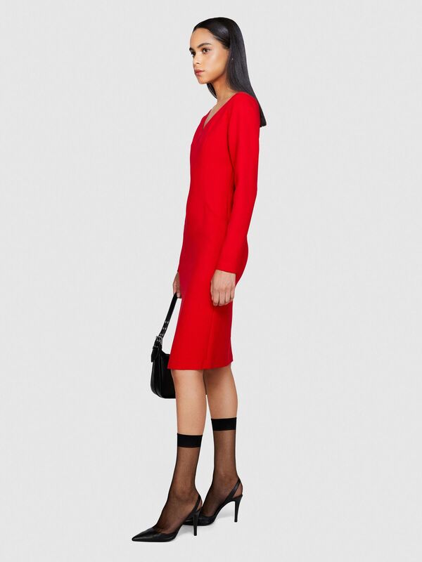 Viskoz Karışımlı V Yaka Uzun Kollu Crep Elbise Kadın Kırmızı Elbise - 323A43Q3LV04P