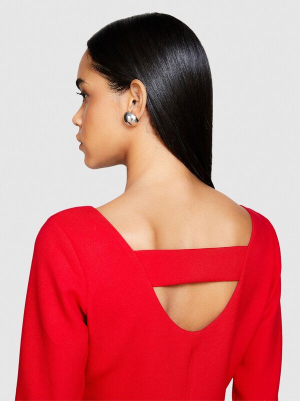 Sisley - Viskoz Karışımlı V Yaka Uzun Kollu Crep Elbise Kadın Kırmızı T-Shirt - 323A43Q3LV04P