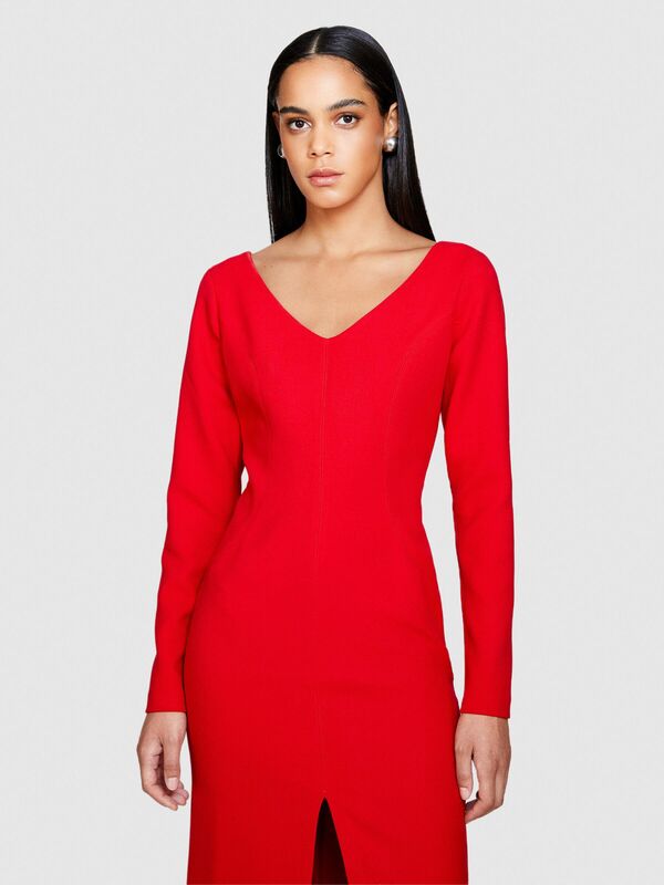 Viskoz Karışımlı V Yaka Uzun Kollu Crep Elbise Kadın Kırmızı T-Shirt - 323A43Q3LV04P