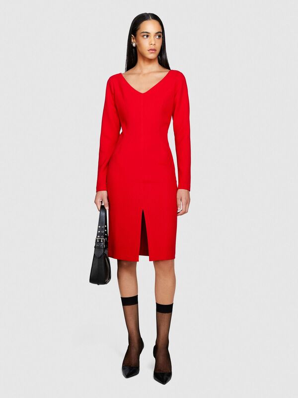 Viskoz Karışımlı V Yaka Uzun Kollu Crep Elbise Kadın Kırmızı T-Shirt - 323A43Q3LV04P