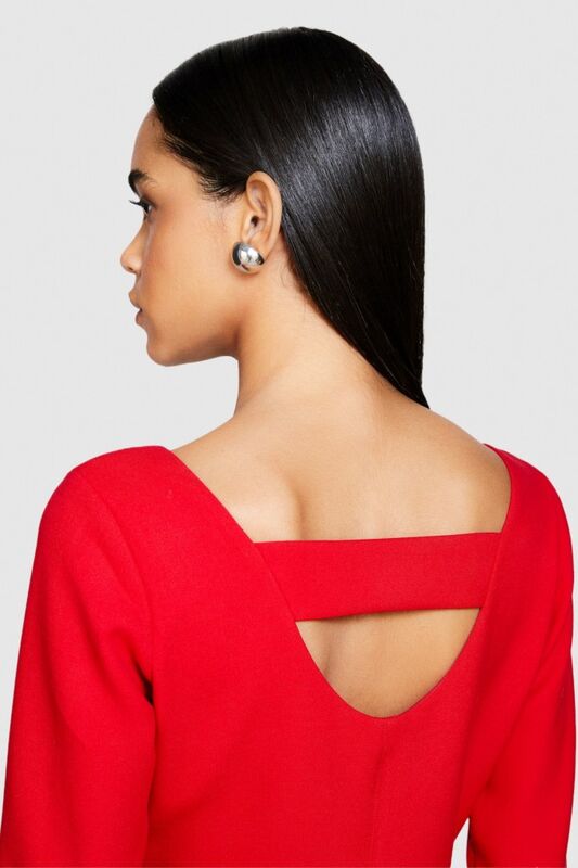 Viskoz Karışımlı V Yaka Uzun Kollu Crep Elbise Kadın Kırmızı T-Shirt - 323A43Q3LV04P