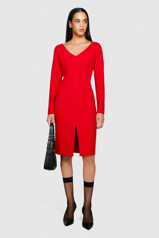 Viskoz Karışımlı V Yaka Uzun Kollu Crep Elbise Kadın Kırmızı T-Shirt - 323A43Q3LV04P