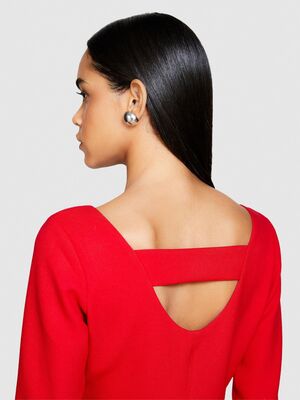 Sisley - Viskoz Karışımlı V Yaka Uzun Kollu Crep Elbise Kadın Kırmızı T-Shirt - 323A43Q3LV04P