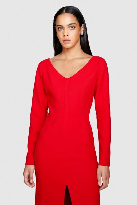 Viskoz Karışımlı V Yaka Uzun Kollu Crep Elbise Kadın Kırmızı T-Shirt - 323A43Q3LV04P