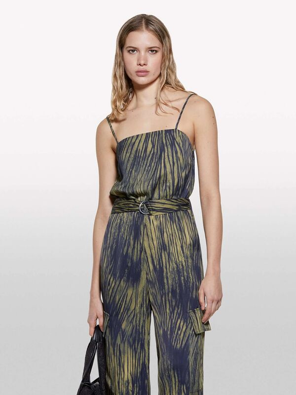 Viskoz Saten Desenli Beli Lastikli Askılı Tulum Kadın Yeşil Tulum - 325P48JCLT00O