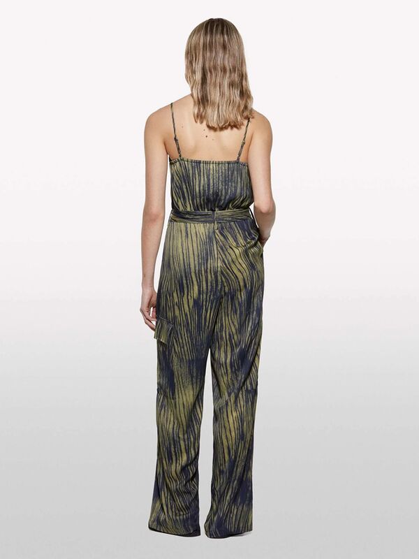 Viskoz Saten Desenli Beli Lastikli Askılı Tulum Kadın Yeşil Tulum - 325P48JCLT00O